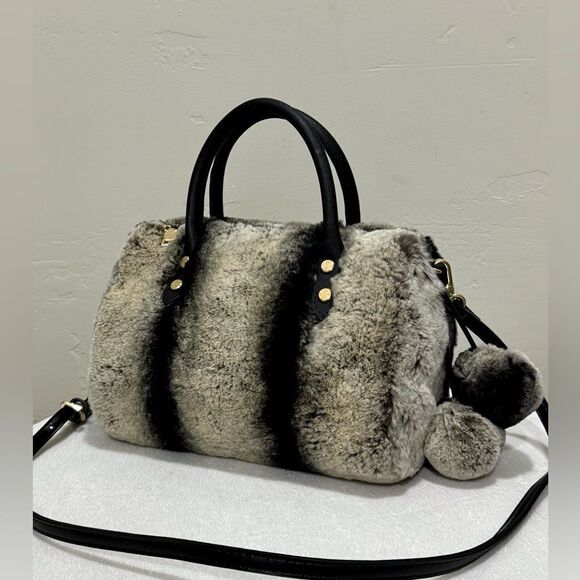 2 Tone Gradient Real Rex Rabbit Fur Boston Bag/Crossbody & 2 Fur Balls Charm - Picture 4 of 16